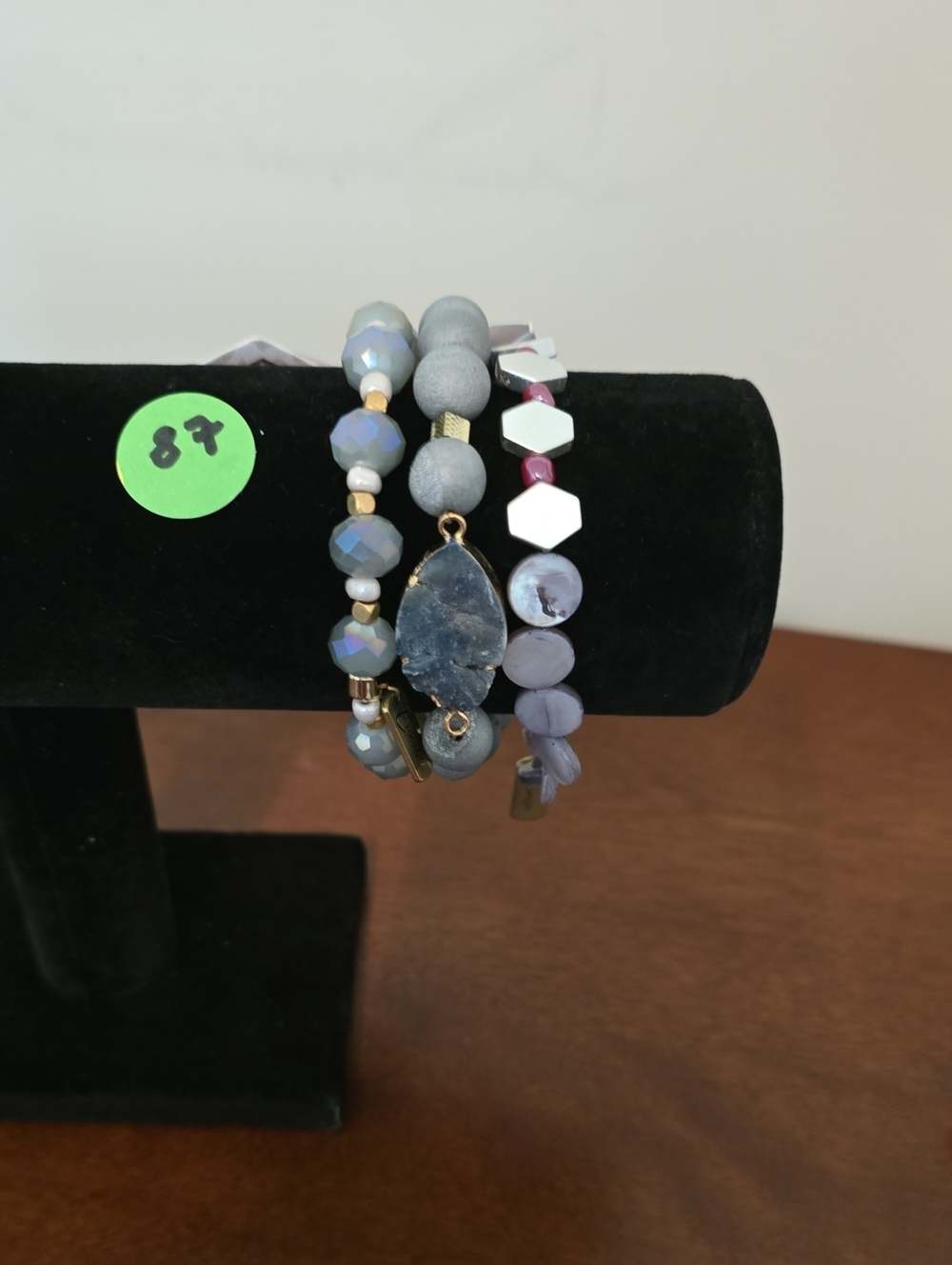 Erimish Gray and Blue Stacked Extended Beaded Bracelets with Druzy Charm